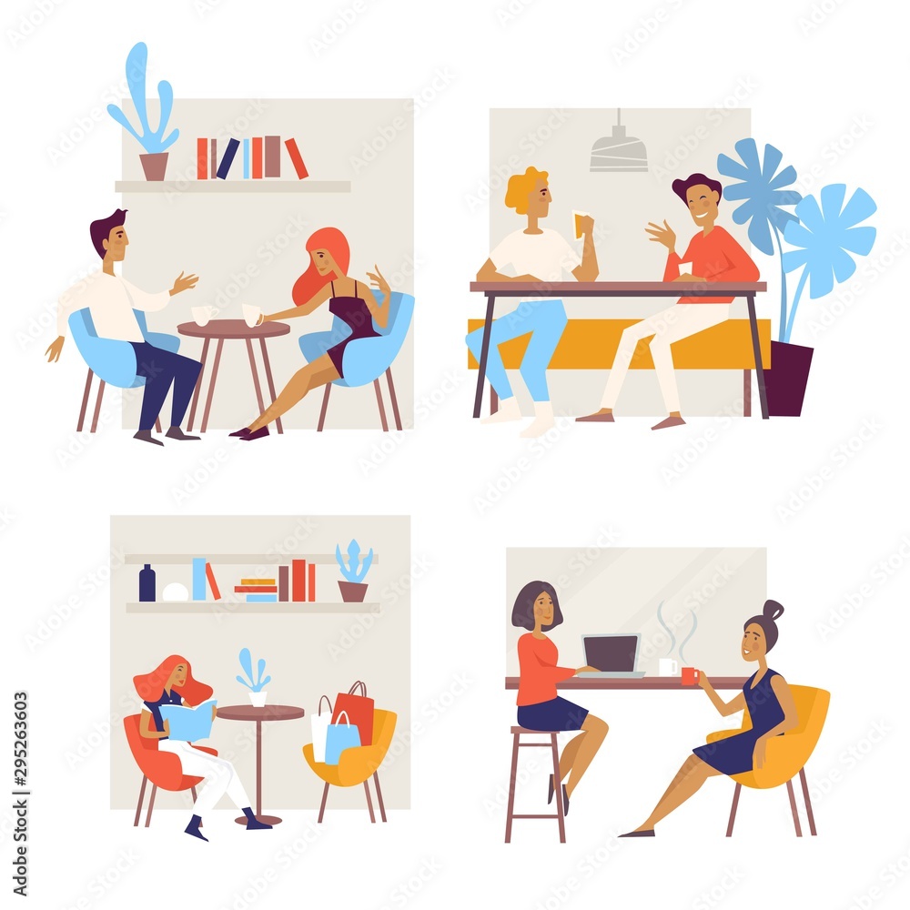 Different people having coffee break and meetings in cafe Different people having coffee break and meetings in cafe