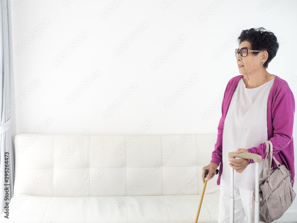 Asian senior woman holding handbag and luggage, ready to travel Asian senior woman holding handbag and luggage, ready to travel
