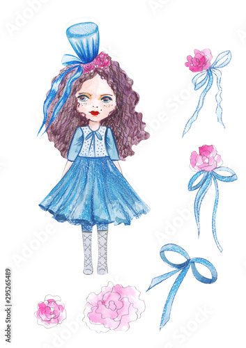 Illustration watercolor drawing of a little princess in a magnificent dress and a hat or crown on her head on an isolated white background