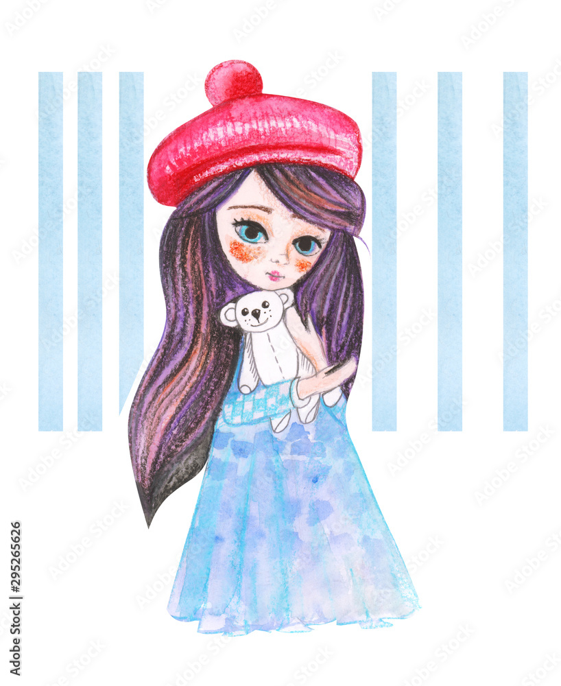 Illustration watercolor drawing little princess in blue dress and red beret on an isolated white background