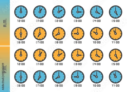 analog clock and time 24 hours icon set,vector and illustration