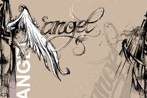 Angel with wings lowered. Wing of an angel. Fallen Angel. Background