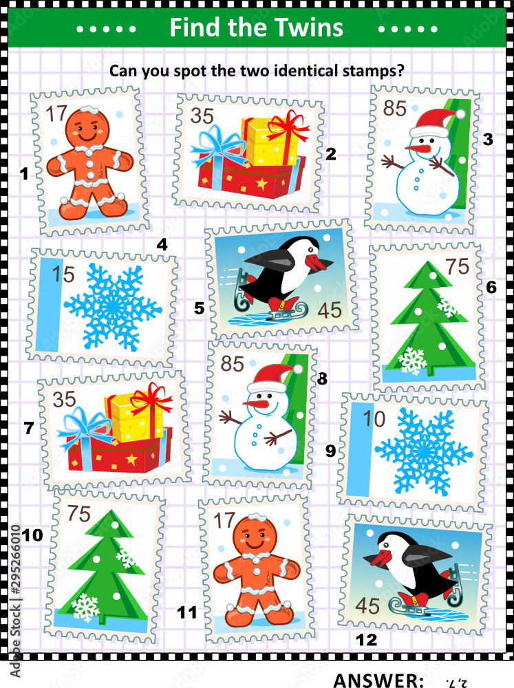 Christmas, winter or New Year picture puzzle with postage stamps: Can you spot two identical postage stamps? Answer included. Christmas, winter or New Year picture puzzle with postage stamps: Can you spot two identical postage stamps? Answer included.