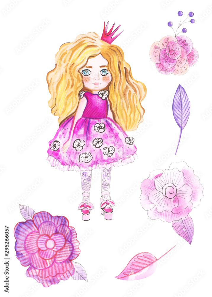 Illustration watercolor drawing of a little princess in a magnificent dress and a hat or crown on her head on an isolated white background Illustration watercolor drawing of a little princess in a magnificent dress and a hat or crown on her head on an isolated white background
