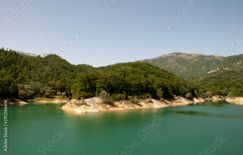 Landscape on Lake Salto in Central Italy. Artificial Lake of Italy. Panoramic view of the Lake. Lake with creeks. Wild and unspoiled nature.