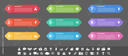Infographic design business concept vector illustration with 9 steps or options or processes represent work flow or diagram or web button banner