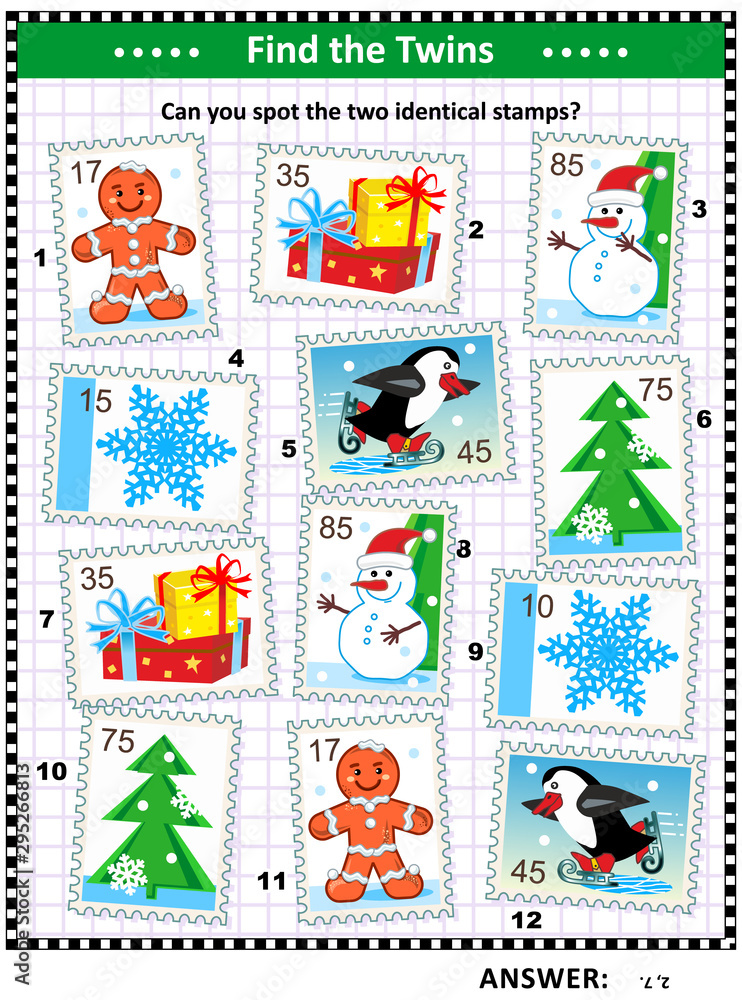 Christmas, winter or New Year picture puzzle with postage stamps: Can you spot two identical postage stamps? Answer included.