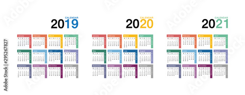 Year 2019 and Year 2020 and Year 2021 calendar vector design template, simple and clean design. Week Starts Monday. 