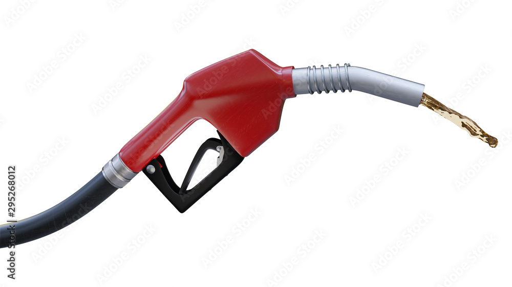 Fuel nozzle with stream, close up view on white with clipping path. 3d render illustration