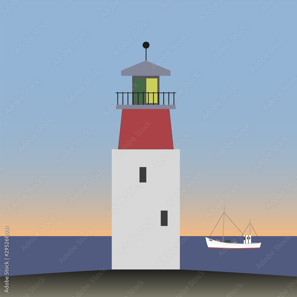 Lighthouse with a fishing boat, vector illustration.