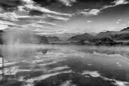 Awesome sunrise over the lake, Italy landscape