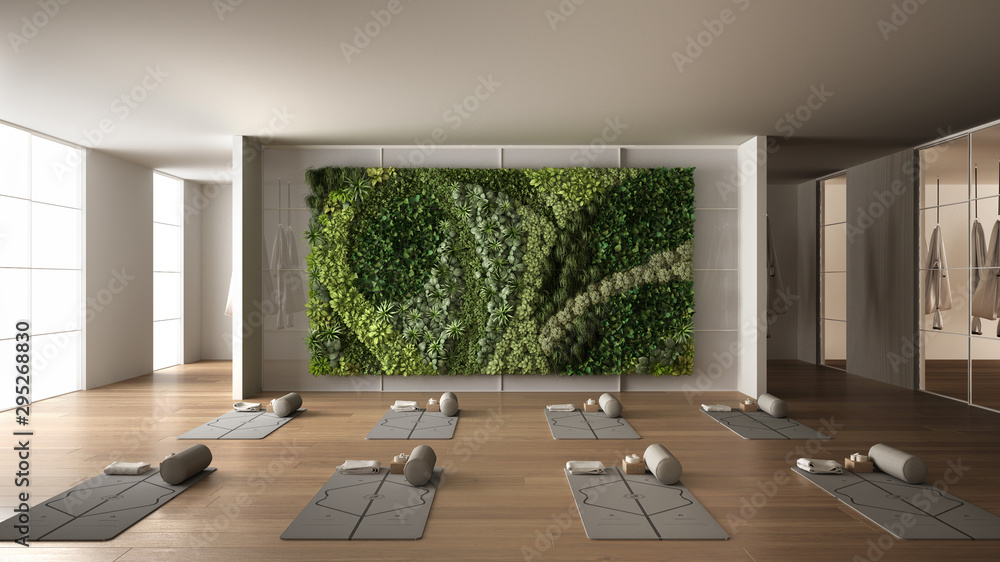 Empty yoga studio interior design, space with mats, hammocks, pillows and  accessories, parquet, mirror, vertical garden and big panoramic window,  ready for yoga practice, meditation Stock Illustration
