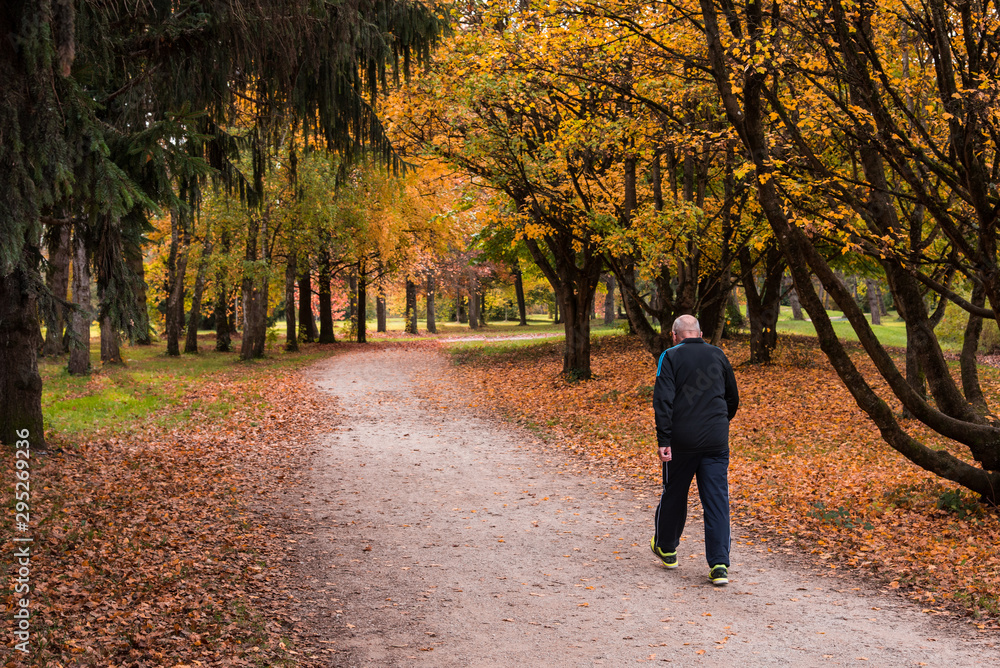 un homme âgé faisant de la marche sportive pour son cœur dans un parc en automne un homme âgé faisant de la marche sportive pour son cœur dans un parc en automne