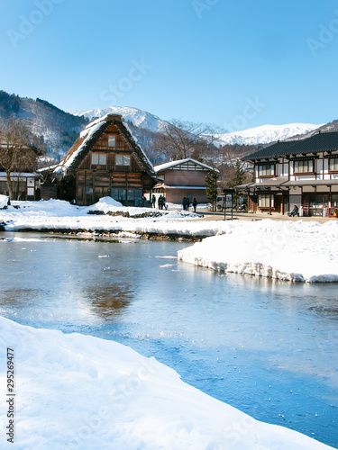 Historic village and traditional Gassho-zukuri house with snow in the winter, UNESCO world heritage site. Shirakawa-go, Gifu, Japan 