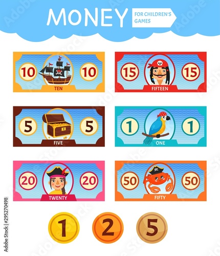 Vector set of paper money for children's games. Pirate collection. Learning material for kids.