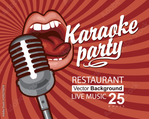 Vector music poster or banner for karaoke party with microphone, singing mouth and calligraphic inscription on the red abstract background with rays in retro style.