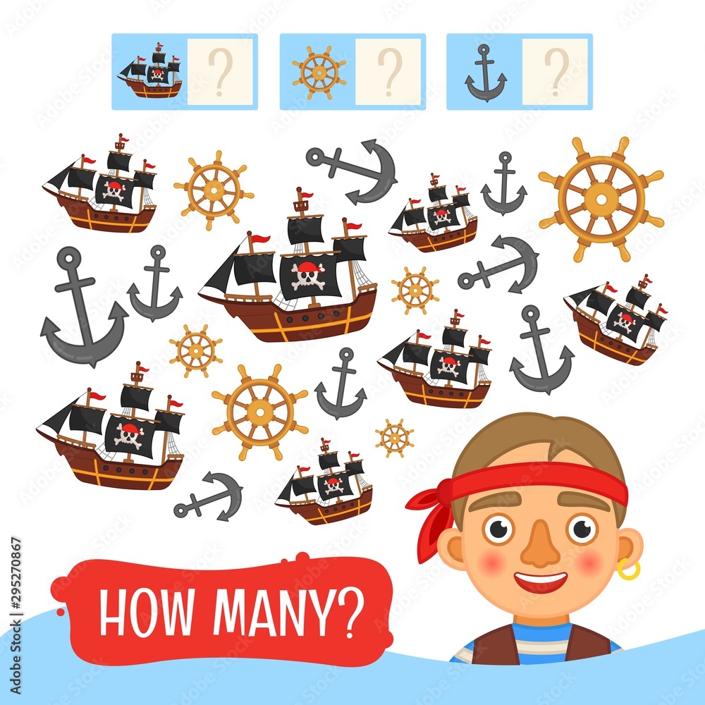 Counting educational children game, math kids activity sheet. How many objects task. Pirates collection. Cartoon illustration of cute pirate.