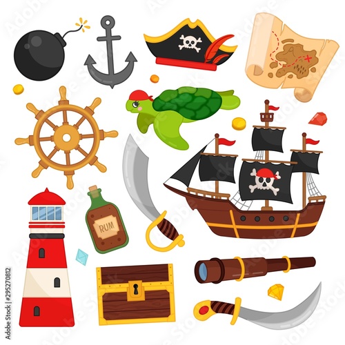 Vector set of cartoon pirate accessories. Illustration of a pirate ship, turtle, lighthouse, chest, vintage map and more.