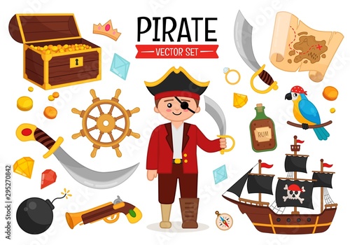 Vector set of cartoon pirate accessories. Illustration of a pirate with a saber, a pirate ship, a treasure chest, a vintage map and more.