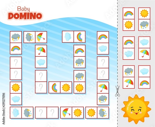 Activity for pre sсhool years kids and toddlers. Educational children game. Baby domino. Cartoon cute sun.