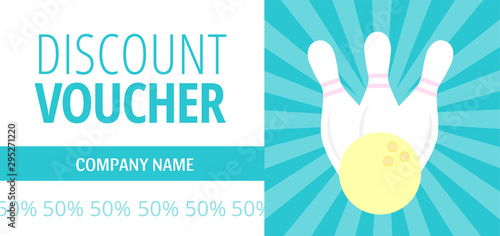 Pastel discount voucher with white pins and yellow ball on the sea blue background. Vector 50% off coupon for bowling club. Standard scaled size: 210*99 mm (8,3*3,4 in)
