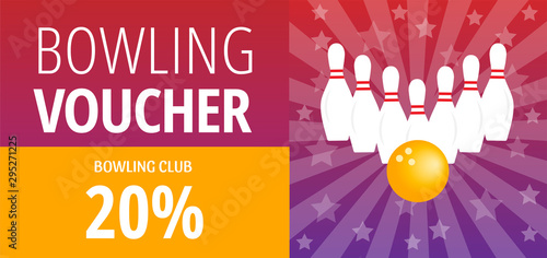 Vivid bowling voucher with white pins and yellow ball. Red and purple gradient discount coupon for bowling club with 20% sale. Standard scaled size: 210*99 mm (8,3*3,4 in)
