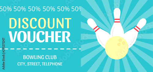 Pastel discount voucher with white pins and yellow ball. 50% off discount coupon for bowling club. Standard scaled size: 210*99 mm (8,3*3,4 in). Vector illustration