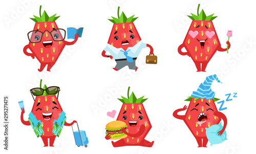 Cute Strawberry Cartoon Character Set, Funny Fruit in Different Situations Vector Illustration