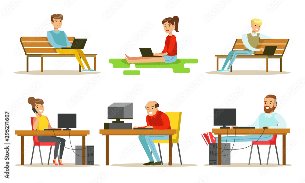 People Using Laptop Computers Set, Young Men and Women Working and Surfing Internet on their Computers Vector Illustration