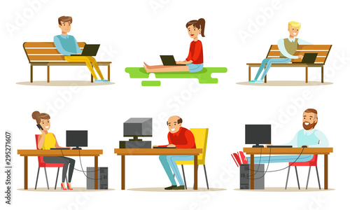 People Using Laptop Computers Set, Young Men and Women Working and Surfing Internet on their Computers Vector Illustration © topvectors