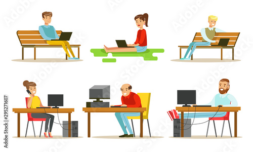 People Using Laptop Computers Set, Young Men and Women Working and Surfing Internet on their Computers Vector Illustration