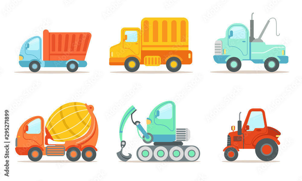 Transportation and Construction Machinery Set, Tractor, Eexcavator, Tow and Cement Truck Vector Illustration