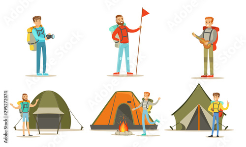 Men Hiking with Backpacks on Vacation Set, Tourist Tents, Backpackers Spending Time at Summer Camp Vector Illustration