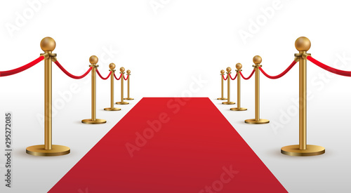 Red carpet and golden barriers realistic vector. VIP event, luxury celebration. Celebrity party entrance. Grand opening cinema premiere. Shiny fencing vector illustration. Isolated on white background