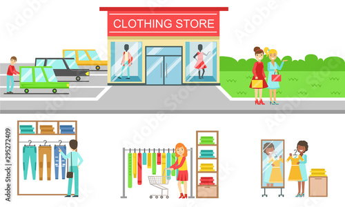 People Shopping for Clothes in Store Set, Clothing Shop Building and Interior Elements Vector Illustration