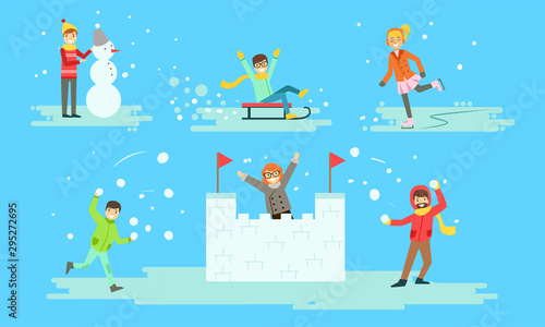 Winter Activities Set  People Playing Snowballs  Sledding  Making Snow Castle Vector Illustration