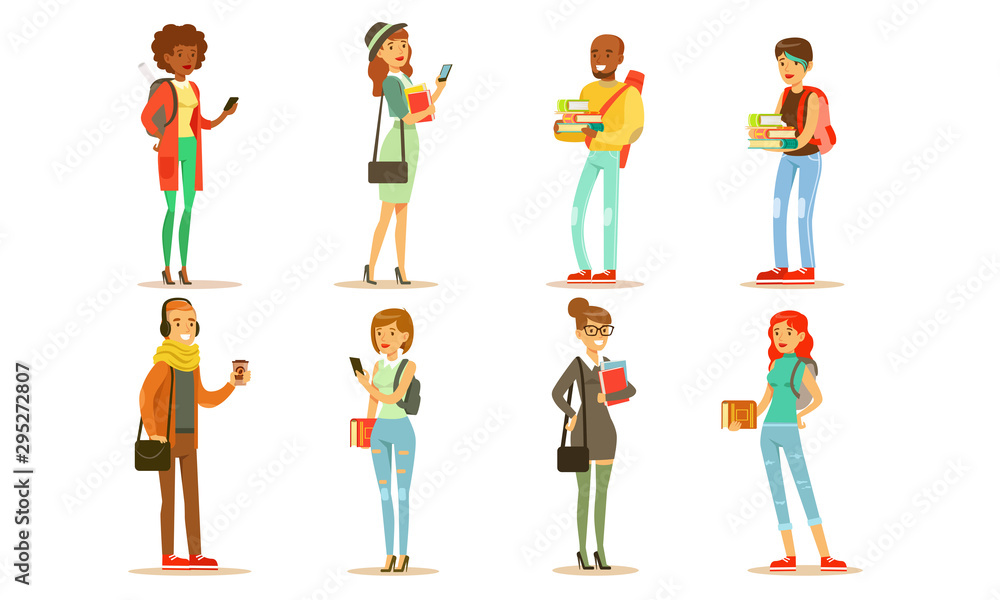 Cheerful People in Fashionable Clothes Set, Male and Female Students with Books and Smartphones Vector Illustration