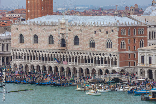 Aerial view of Doge's Palace with crowd of tourists , Venice, Italy
