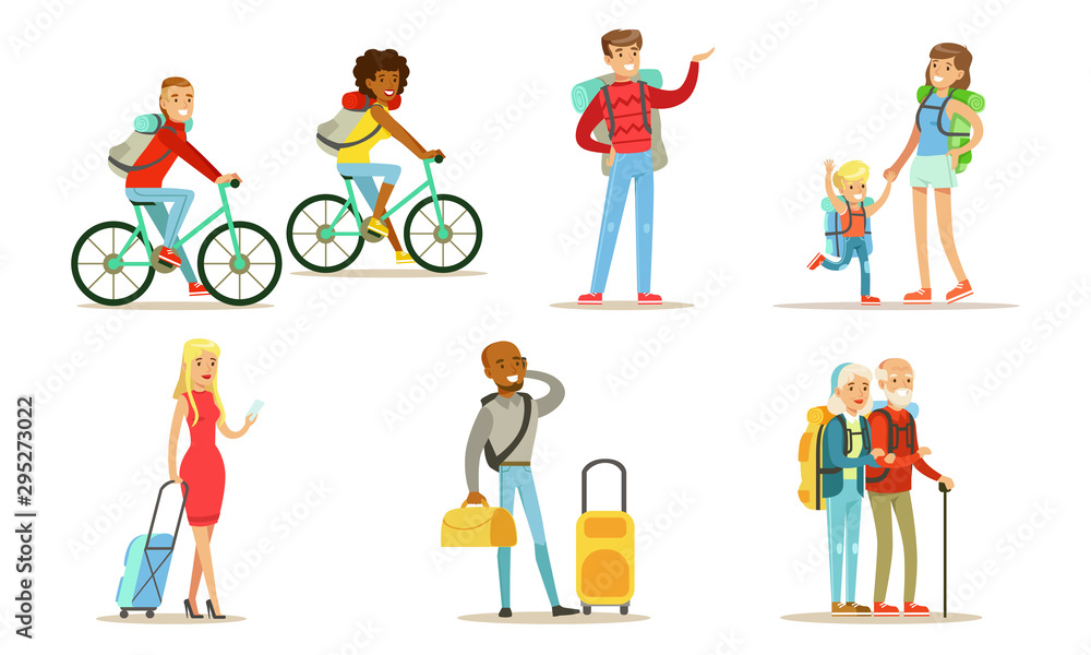 Travelling and Hiking People Set, Tourists Characters Riding Bikes, Men and Women with Backpacks Going on Vacation Vector Illustration