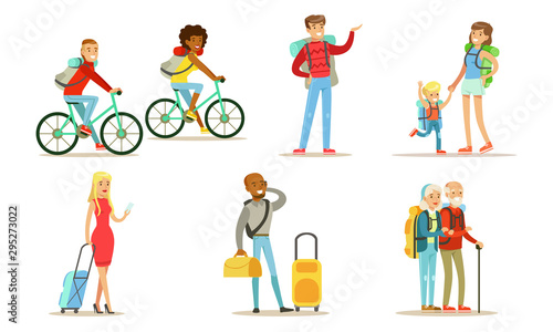 Travelling and Hiking People Set, Tourists Characters Riding Bikes, Men and Women with Backpacks Going on Vacation Vector Illustration