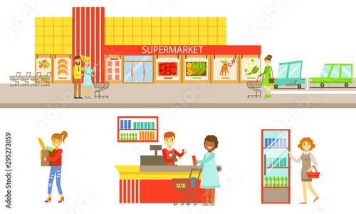 Supermarket Interior Elements Set, People Choosing and Buying Products in the Shop Vector Illustration