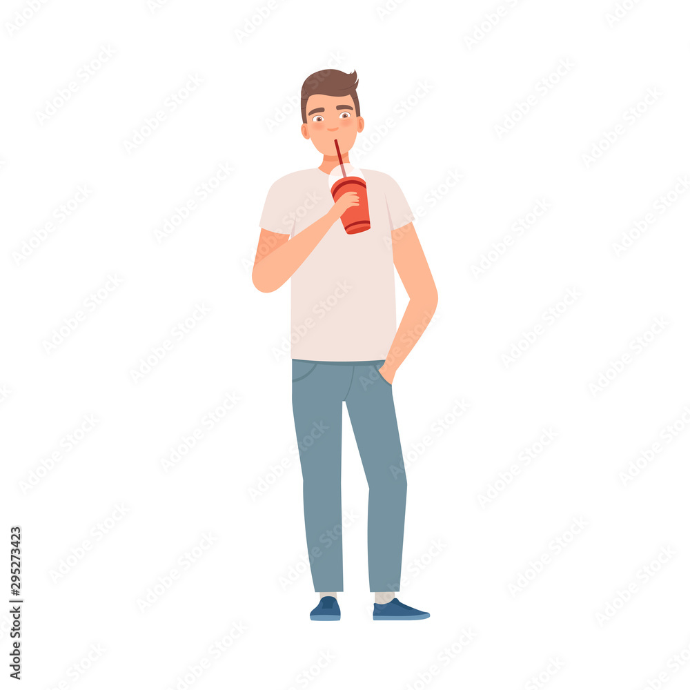 Man stands with cup of coffee vector illustration set