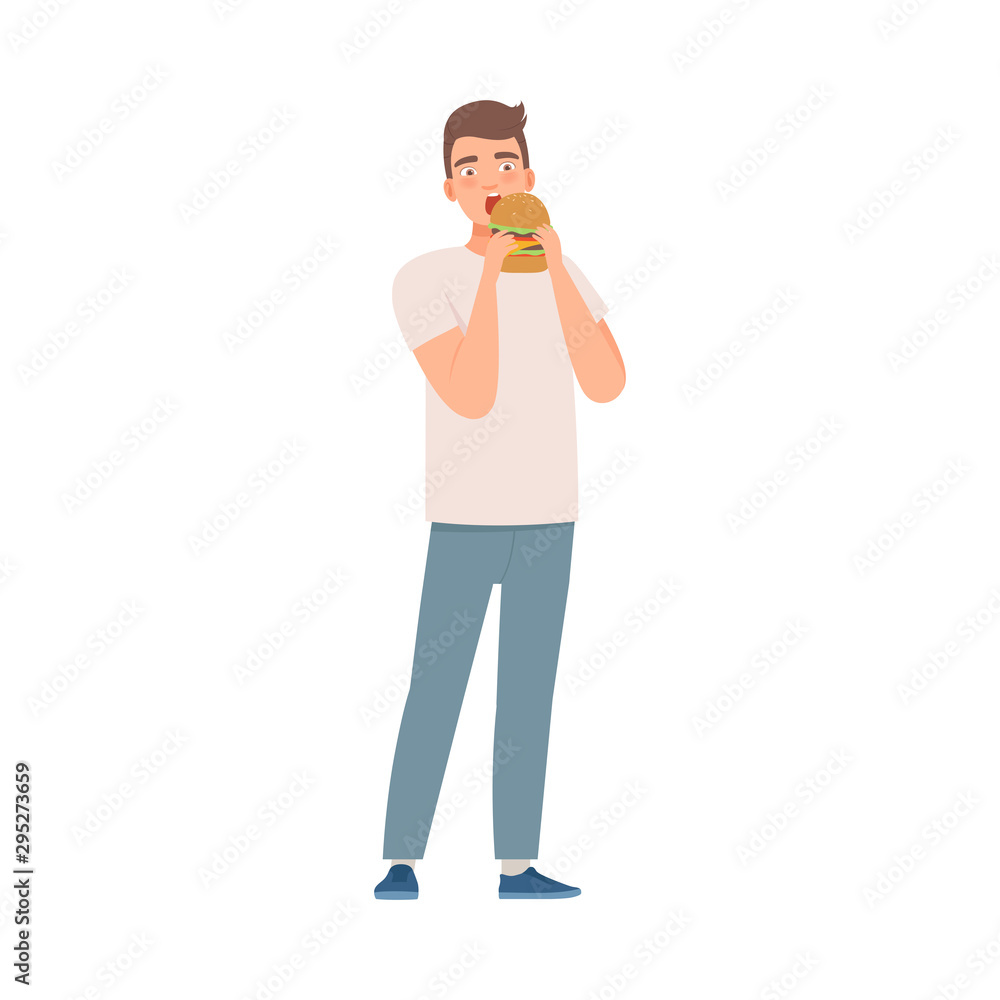 Man character eats hamburger bad habit illustration vector