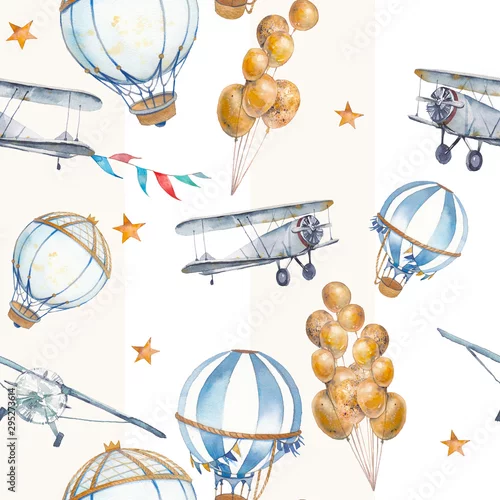 Tapety Watercolor seamless pattern with air balloon, airplane and stars. Hand drawn vintage collage illustration with hot air balloon, flag garlands, pastel stripes and stars.