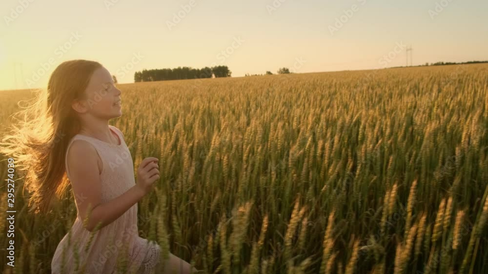 little girl with long hair runs across the field at sunset. little girl with long hair runs across the field at sunset.