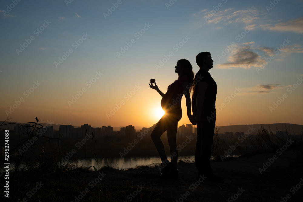 Silhouette of a pregnant girl who holds a heart in her hands and her husband on the background of a beautiful city and sunset in summer
