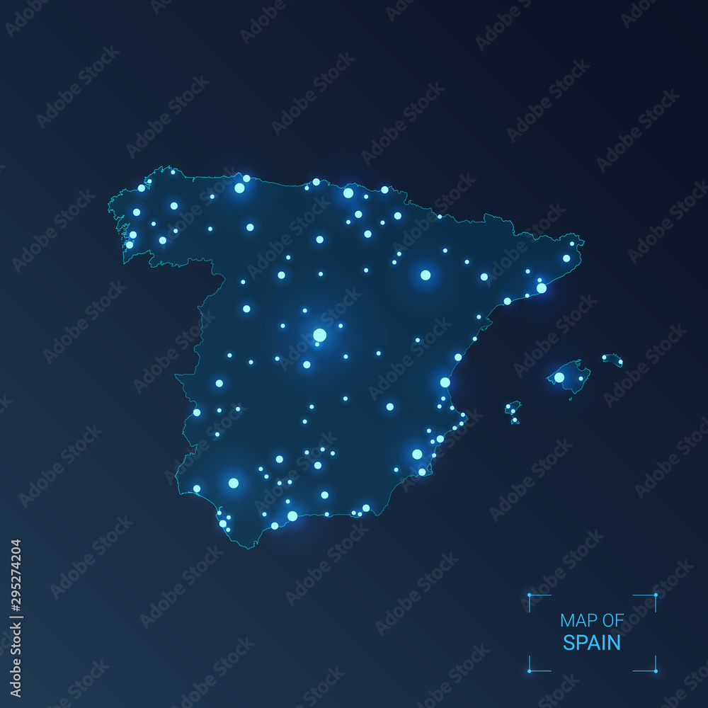 Spain map with cities. Luminous dots - neon lights on dark background. Vector illustration.
