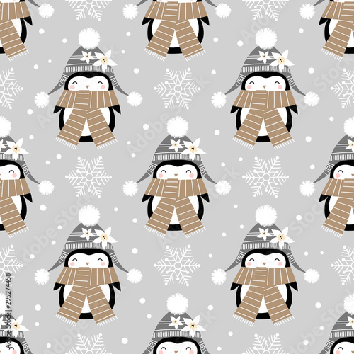 Seamless vector pattern with cute penguin baby girl and snowflakes on grey background. Perfect for textile, wallpaper or print design. 