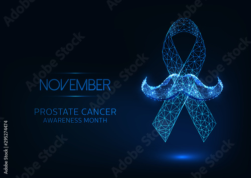 Futuristic November -prostate cancer awareness month web banner with olygonal ribbon and mustaches.