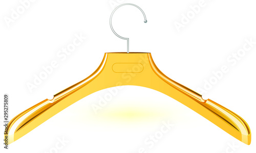 Gold plastic hanger for clothes. Isolated on white.